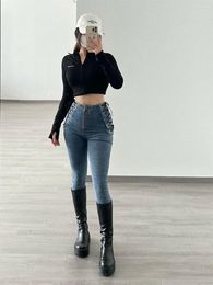 Women's Jeans TVVOVVIN Spring High Street Fashion Waist Elastic Denim Pants Tight And Sexy Both Sides Lace Up Pencil 06DC
