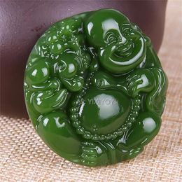 Pendant Necklaces Charm Green Jade Carved Chinese Laughing Buddha Lucky Amulet Necklace Vintage Handmade Stone Party Jewellery Gift