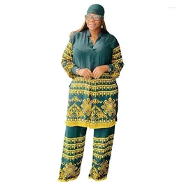 Ethnic Clothing Chiffon Two Piece Women Set Dashiki African Clothes Summer Outfit See Through Printed Long Sleeve Shirt Top Wide-leg Pants