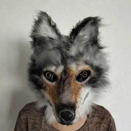 Party Masks Dog latex facial mask plush toy carnival role-playing party props adult full face costume Halloween funny fur animal wolf Q240508