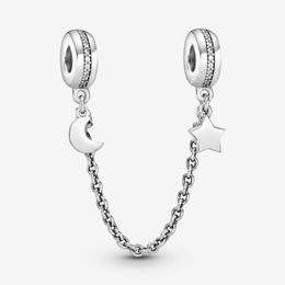 100% 925 Sterling Silver Half Moon and Star Safety Chain Charms Fit Original European Charm Bracelet Fashion Women Wedding Engagement J 213N