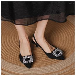 Casual Shoes Summer Style Fashion Women's Black Satin Crystal Strass Pointy Toe Stiletto Stripper Slingback High Heels Sandals
