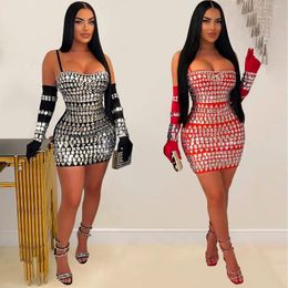 Casual Dresses Women Party Camisole Mini Dress Clubwear Long Sleeve Gloves Bodycon Backless Diamonds Decoration Evening