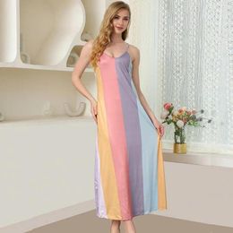 Casual Dresses Summer Women Slip Dress V Neck Colorblock Patchwork Backless Sleeveless Slim Fit A-line Beach Homewear Maxi Strappy