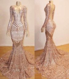 Sparkly Rose Gold Mermaid Long Sleeve Prom Dresses 2020 Modest Vneck Luxury Sequin Fishtail African Sexy Occasion Evening Gowns1589070