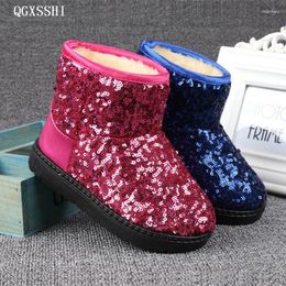 Boots QGXSSHI 2024 Winter Children Snow Fashion Sequins Kids Warm Shoes With Fur Princess Baby Girls Ankle