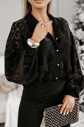 Women's Blouses Sexy Lace Hollow Out Floral Pattern Shirt Spring Solid Office Lady Black Womens Single-breasted Chic Femme