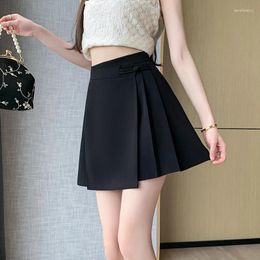 Skirts Chinese Style Women High Waist Pleated Skirt Spring Summer Vintage Button A-line Short Ladies Casual Mini