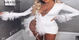 Casual Dresses Sexy See Through Sequin Mesh Patchwork Women Deep V White Feather Mini Party Dress Ladies Nightclub Vestidos8208177