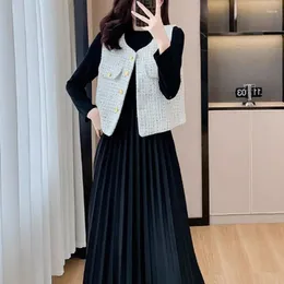 Work Dresses Korean Autumn Winter Women Dress Tweed Vest Two Piece Set 2024 Office Lady Graceful Slim Sleeveless Jacket Knit Outfits