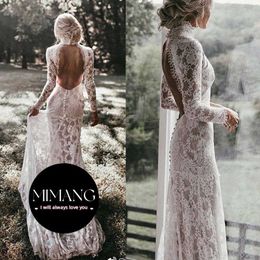 Designer High necked long sleeved sexy backless fitting fishtail wedding dress lawn dress light wedding dress