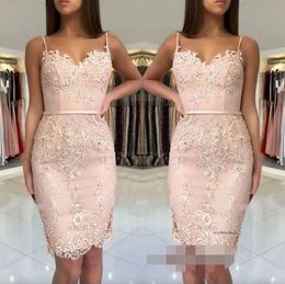 2024 Cheap Blush Pink Homecoming Dresses Lace Appliques Short Mini Spaghetti Straps Sashes Sheath Sweetheart Party Graduation tail Gowns 0509