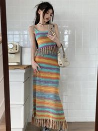 Work Dresses Fashion Striped Fringed Knitted Two Piece Set For Women Vest Crop Top High Waist Long Skirt Sets Sweet Summer 2 Outfits