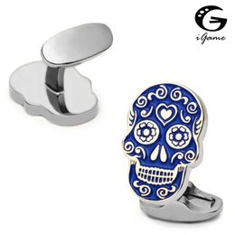 Cuff Links Newly arrived skull cufflinks with blue painted skull design high-quality brass material brand cufflinks for free delivery Q240508