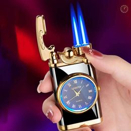 Baoshi Creative Rocker Arm Iatable Lighter Double Jet Flame Windproof Lighter With Electric Watch