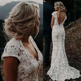 Bohemian Lace Wedding Dresses Country Style Deep V Neck Mermaid Bridal Gowns Cap Sleeve Backless Robes De Mariee Plus Size 0509