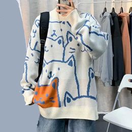 Men's Sweaters Mens polyester sweater Japanese retro Harajuku cartoon cat knitted sweater mens oversized winter flower knitted topL2405