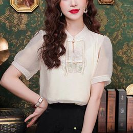 Women's Blouses 2024 Summer Retro Frog Chinese Style Print Bandage Fashion Elegant Short Sleeve Slim Fit Chiffon Shirt Tops