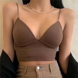 VNeck Camisole Women Sexy Stretch Push Up Bra with Chest Pads Knitted Crop Top for Female Short Tube Tops Bralette Y2k 240509