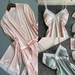 Women's Robe Pink Bride Wedding Robe Set Sexy Summer New Sleepwear Women Silk Satin Kimono Bathrobe Gown Lace Patchwork Sleepshirt Home Dress