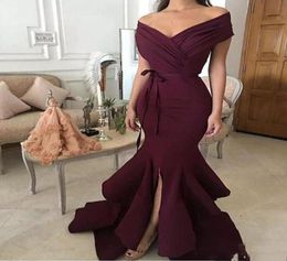 Sexy Vneckline Dark Red Mermaid Evening Dresses Offshoulder Long Formal Dress Prom Wear Split Plus Size Party Dresses Custom Mad8713219