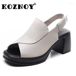 Dress Shoes Koznoy 7.5cm Genuine Leather Boots Comfy Rubber Women Sandas Summer Fashion Hollow Ankle Flats Breathable Peep Toe Hook