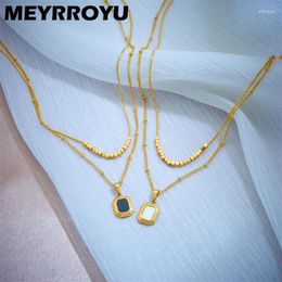 Pendant Necklaces MEYRROYU 316L Stainless Steel 2024 Fashion Black Square Double Layer Necklace For Women Charm Wedding Jewellery Gifts