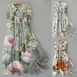 Casual Dresses Women's Art Floral Print Button Mid Long Sleeve Loose Large Hem Drape Dress Womens Swing