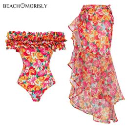 2024 Womens swimsuit Vintage Off Shoulder Printed Onepiece bikini set Swimsuit Sarong Summer Swimwear Beachwear Bathing suit 240426