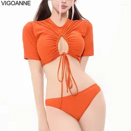 Women's Swimwear VigoAnne 2024 Orange Short Sleeve Women Push Up Hollow Bikini Set Korean Closed Swimsuit Summer Beach Bathing Suit