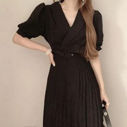 Party Dresses Korean Version Of Chic French Dress Elegant Suit Waist Tie Fashion Puff Sleeve Pleated With Belt Four Seasons Long