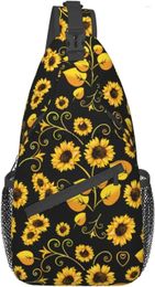 Backpack Sunflower Leaves Yellow Flowers On Black Background Chest Bag Adjustable Casual Shoulder Travel Hiking Daypack