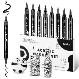 Arrtx Black Acrylic Paint Pens 8 Pack Brush and Fine Tip Paint Markers for Rock Painting Drawing Wood Graffiti Canvas 240506