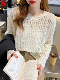 Women's T Shirts Hollow Out Thin Loose Knitted Tops O-neck Casual Summer Tees Long Sleeve Korean Fashion T-shirt Women Chic Short Camisetas