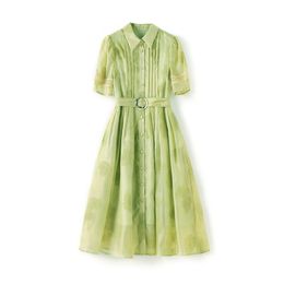 Summer Green Floral Print Panelled Dress Short Sleeve Lapel Neck Midi Casual Dresses W4M065405