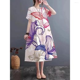 Party Dresses 2024 Summer Fashion Imitation Linen Fabric Dress Printing Craft Round Neck Short Sleeve S-5XL Loose And Comfortable