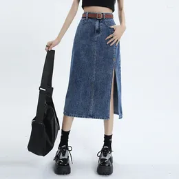 Skirts High-waist Slit Denim Skirt For Women Spring And Summer Mid-length Hip-covering A-line Small People