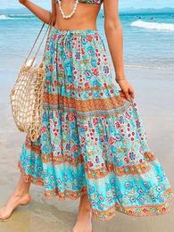 Basic Casual Dresses Fitshinling Print Floral Long Skirts For Women Clothing Bohemian Vintage Slim High Waist Beach Skirt Female Holiday Saias Femme T240508