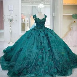 Mörkgröna quinceanera -klänningar med 3D -blommig applikationspärlagremmar Korsett bakgolvlängd söt 16 födelsedagsfest prom bollklänning plus storlek 0509