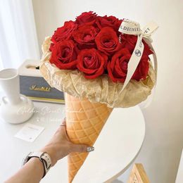10Pc Ice Cream Cone Flower Bundle Packaging Paper Ice Cream Shape Flower Box Rose Packaging Bag Wedding Valentines Day Gift Decoration 240424