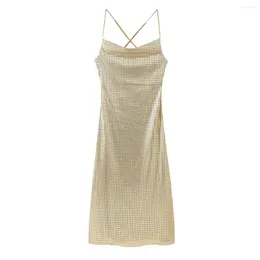 Casual Dresses TRAFZA 2024 Women Sexy Sequin Dress Grid Underwear Style Long Sleeveless Camisole Sheath Vintage Elegant