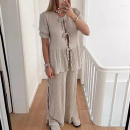 Women's Two Piece Pants Sexy V-neck Tie-up Hollow Tops & Long Pant Outfits 2024 Women Casaul Short Sleeve Loose 2Pc Suit Summer Elegant