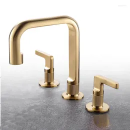 Bathroom Sink Faucets 2 Handles Nice Satin Brushed Gold Brass Water Basin Faucet For