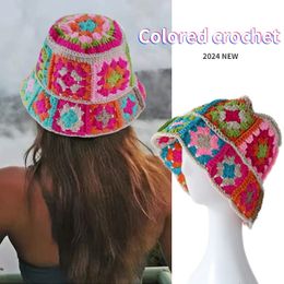 Coloured Crochet Cute Bucket Hats Womens Vintage Flowers Knitted Hat Girls Summer Korean Ins Fashion Y2K Hollow Beach Hat 240430