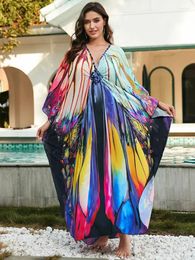 Butterfly Chic Printed 2024 Women Vacation Chinese Knot V-neck Kaftan House Robe Soft Cosy Bathing Suit Cover Up Q1588