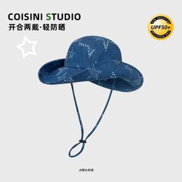 Japanese Cute Star Design Y2k Caps for Women Spring and Summer Big Brim Sun Protection Retro Versatile Western Denim Bucket Hat 240507