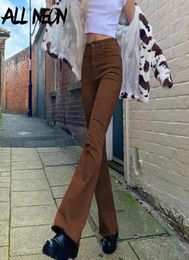 ALLNeon Indie Aesthetics Slim Brown Flare Jeans Y2K Vintage Solid High Waist Moms Pants 90s Fashion Demin Trousers Egirl Outfit2464478