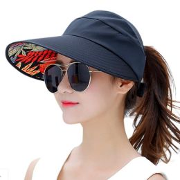 Protezione solare estiva Cappello da sole pieghevole per donne bride brim Ladies Beach Visor Hat Girl Holiday UV Protection Hat Hollow Cappello Cappello Hollow