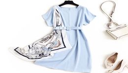 2021 Summer Short Sleeve Round Neck Black Blue Contrast Color Panelled Print Satin Scarf Belted KneeLength Dress Elegant Casual7894919