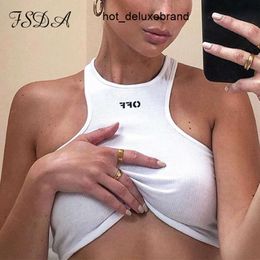 Fsda Summer 2023 White Women Crop Top Embroidery Sexy Off Shoulder Black Tank Casual Sleeveless Backless Shirts 1PTY